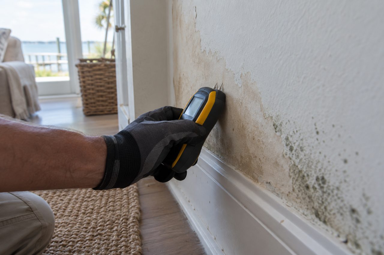 Checking a water-stained wall for moisture during a mold inspection in a Wilmington, NC home